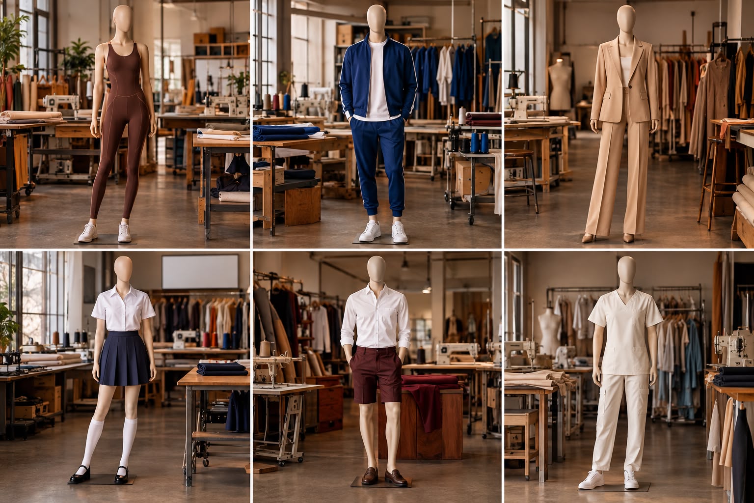 Seleção de peças confeccionadas em diferentes estilos, apresentadas em manequins dentro de um atelier profissional